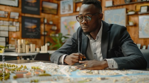 A man in a suit is sitting at a table looking at a map
