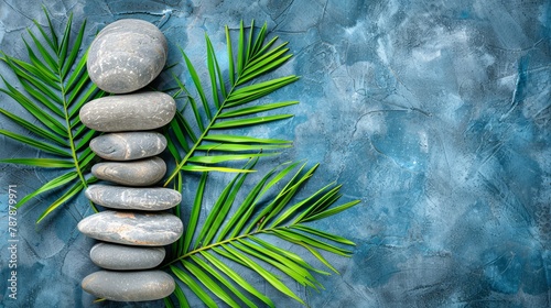   A collection of rocks perched atop a larger stack, adjacent to a solitary palm leaf against a backdrop of azure photo