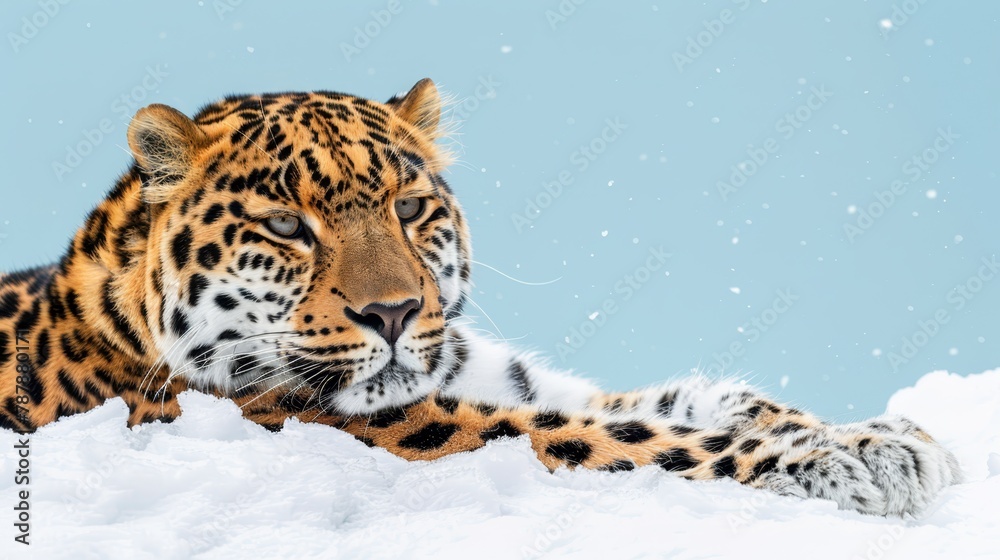 A snow leopard in close-up, resting head on a snowbank A snow leopard in close-up, resting head on a snowbank