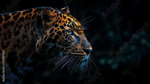   A tight shot of a leopard s face against a black backdrop  overlaid with a softly blurred tree silhouette