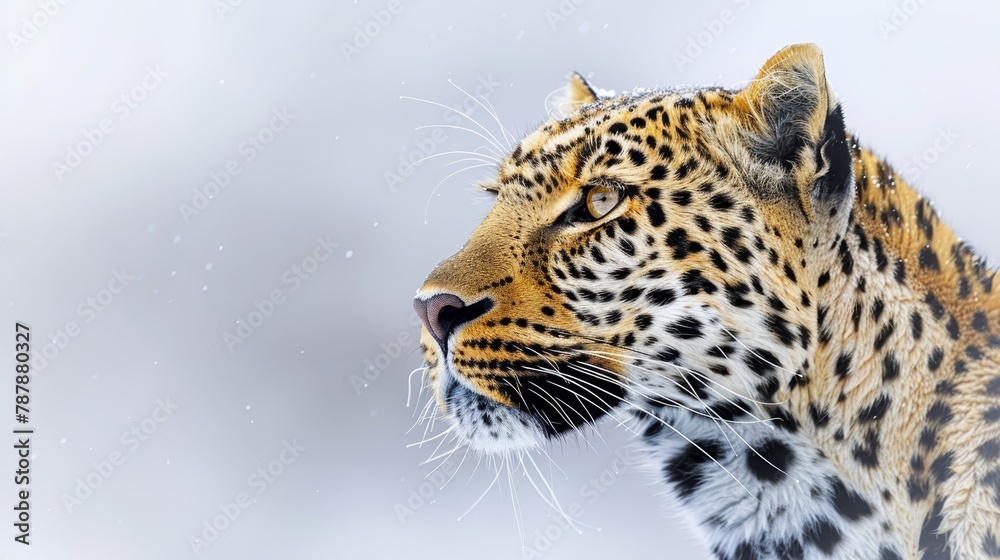Obraz premium A tight shot of a leopard's face, snowfall softly landing at its nape