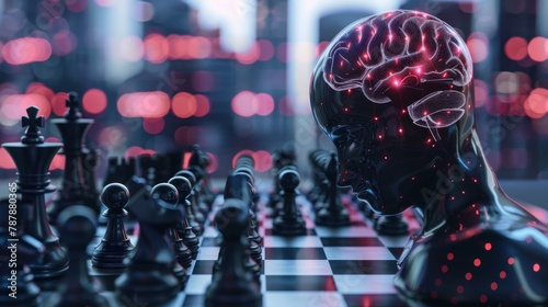 Conceptual illustration of chess game, AI vs human brain. Strategy concept photo