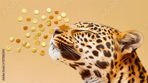  A tight shot of a cat with gold coins pouring from its mouth, and coins stacked on its head