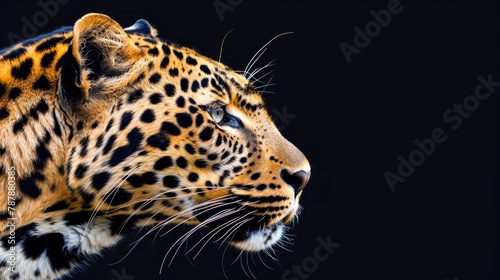   A tight shot of a leopard's head against a pure black backdrop