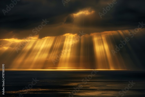 Majestic sun rays piercing through dark clouds over calm sea. Nature s drama captured in moody tones. Serene yet powerful. Landscape photography. Generative AI