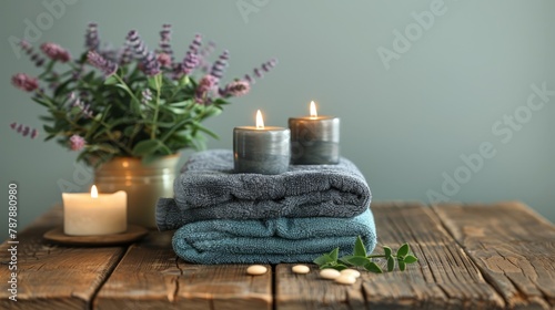  A few candles atop a wooden table, beside a vase with flowers, and a stack of towels nearby