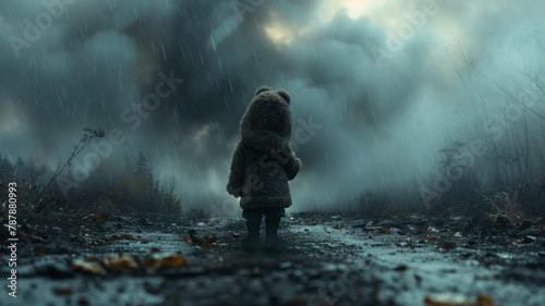 a small girl, with a determined expression, she is walking down a desolate road, clutching a Teddy bear, under a heavy sky,generative ai