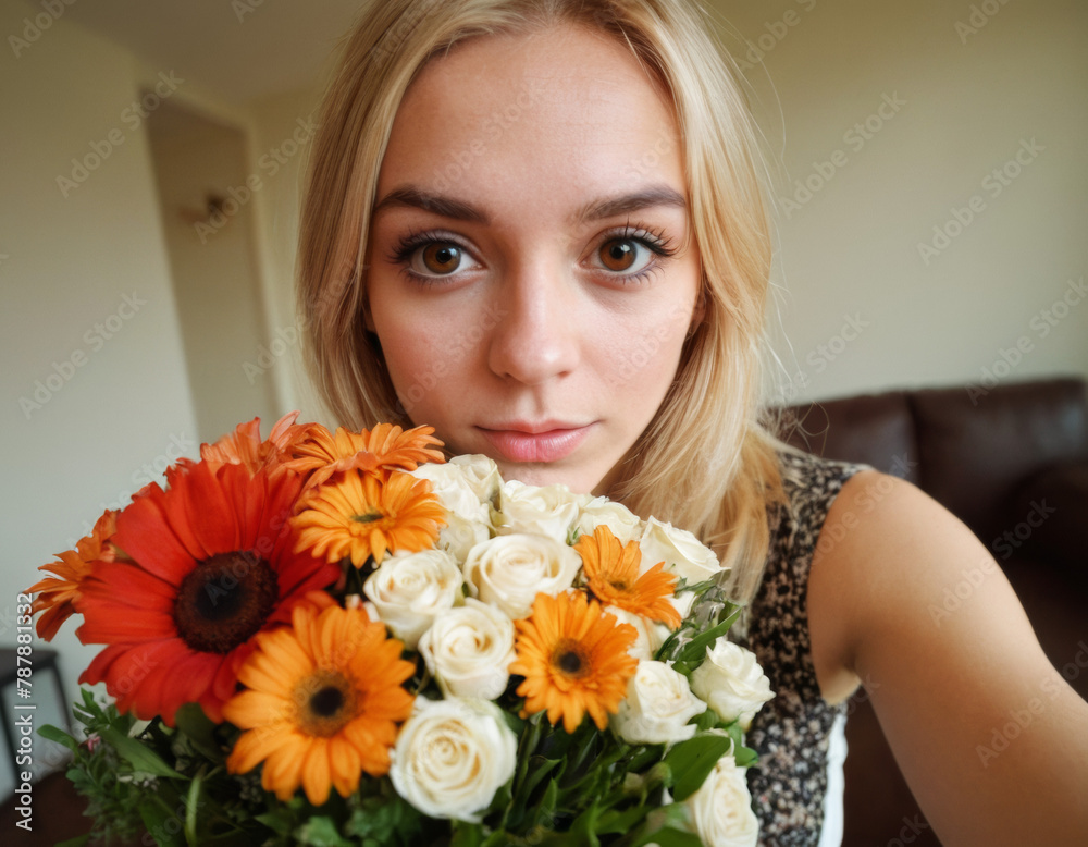 macro photo, girl with a bouquet of flowers in modern style, grimacing, caricature, Brown eyes, dof, focus 15mm, fisheye lens, lomo filter, haze macro photo, girl with a bouquet of flowers in modern style, grimacing, caricature, Brown eyes, dof, focus 15mm, fisheye lens, lomo filter, haze