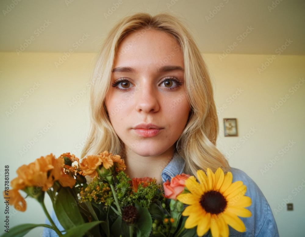 Fototapeta premium macro photo, girl with a bouquet of flowers in modern style, grimacing, caricature, Brown eyes, dof, focus 15mm, fisheye lens, lomo filter, haze