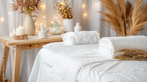  A bed, draped in white towels, stands next to a table The table is adorned with candles and vases