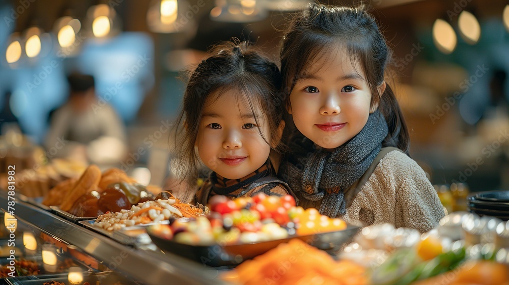 Happy kid and his sister enjoying in buffet breakfast while being in hotel with their parents Happy kid and his sister enjoying in buffet breakfast while being in hotel with their parents