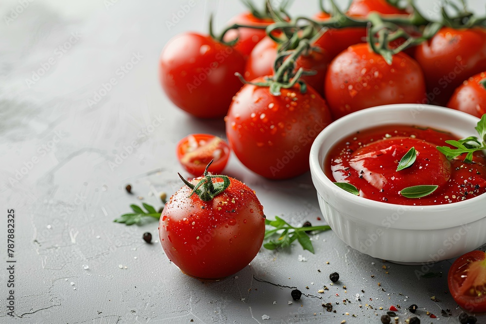 A bowl of tomato sauce next to a bunch of tomatoes and a bunch of basil leaves on a table a stock A bowl of tomato sauce next to a bunch of tomatoes and a bunch of basil leaves on a table a stock