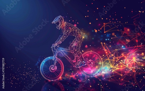 Abstract silhouette of particles with lines and triangles. Bicycles