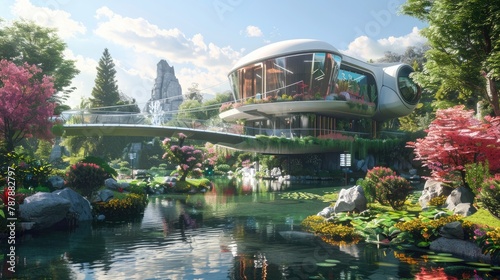 A futuristic home, it is very advanced in appearance, there is a lush green pond around it, and there are colorful flowers and gardens, there is also a futuristic swing bridge, a Future city images