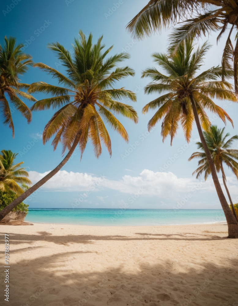 serene beach with palm trees swaying in the breeze