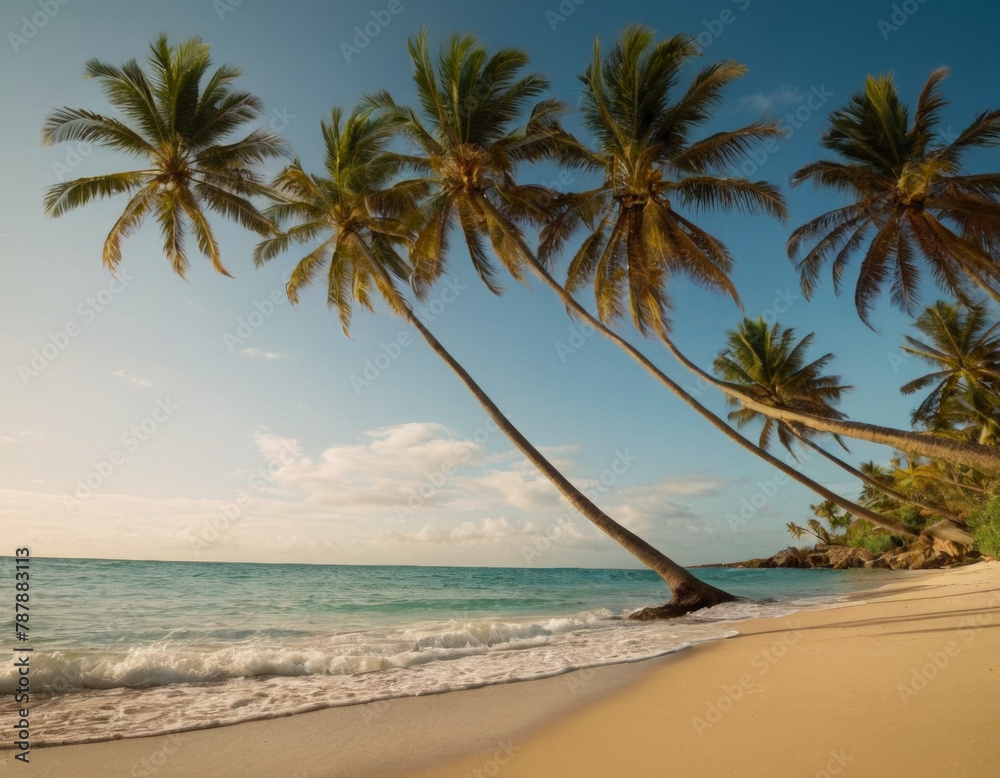 serene beach with palm trees swaying in the breeze serene beach with palm trees swaying in the breeze