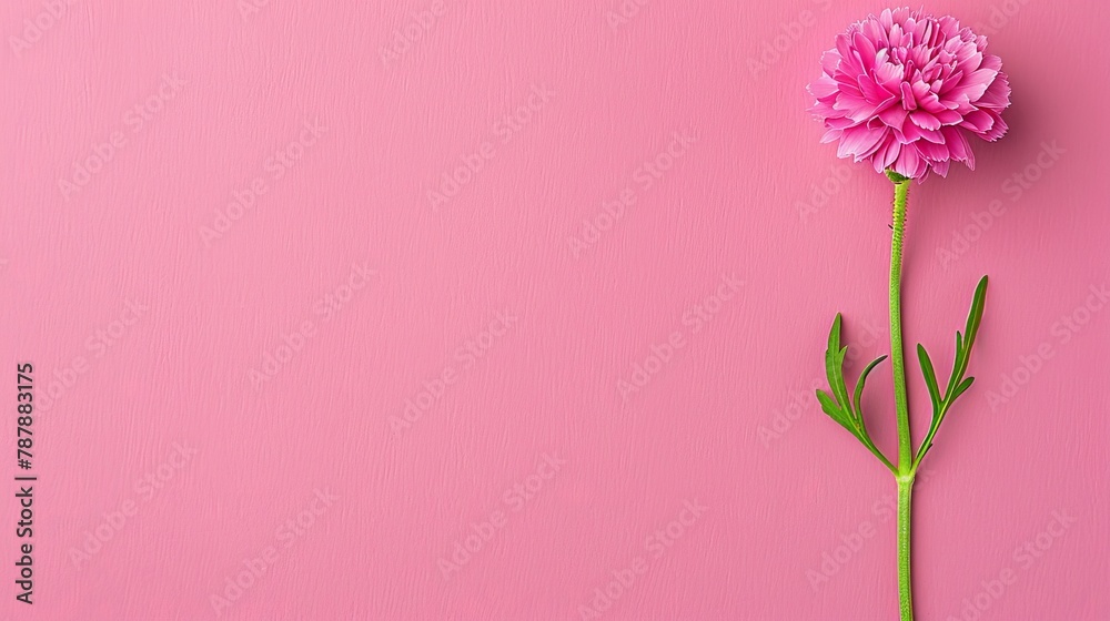 A pink flower against a pink background with two green stems emerging from its center A pink flower against a pink background with two green stems emerging from its center