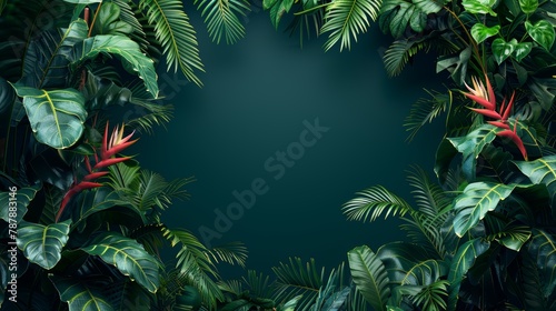   A dark green background filled with lush green leaves  center showcases red flowers