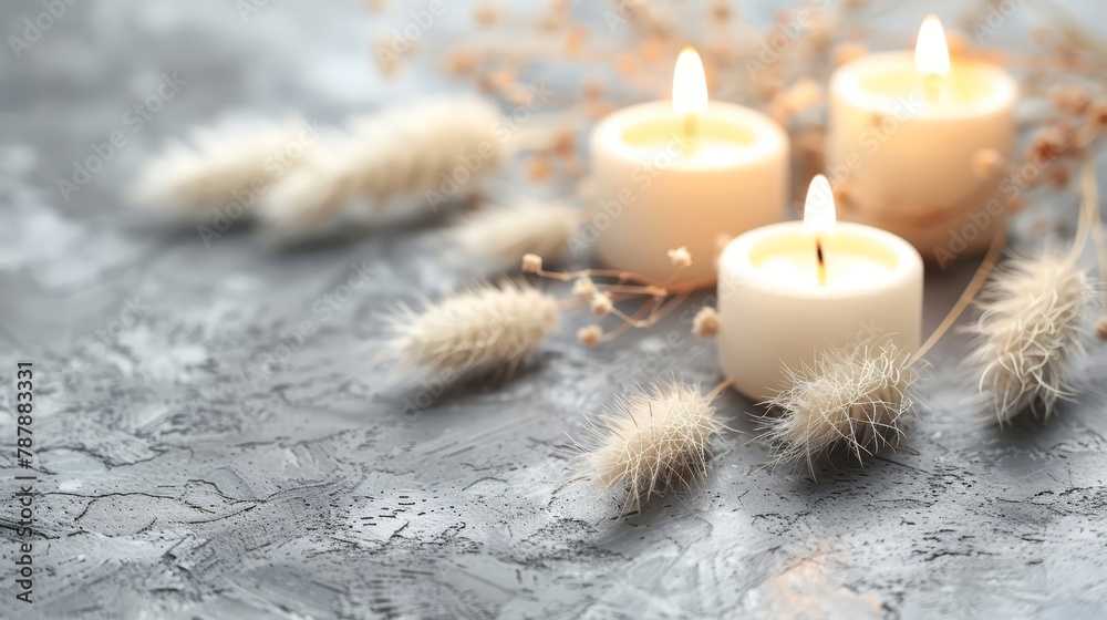   A trio of candles atop a table Nearby, a cluster of dry grass and a single plant - obrazy, fototapety, plakaty 