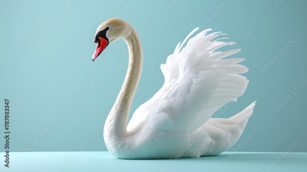 Fototapeta premium A white swan atop a table, adjacent to a light blue wall, with a light blue wall as its backdrop