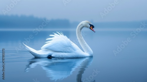   A white swan floats atop a fog-covered lake  surrounded by trees in the background