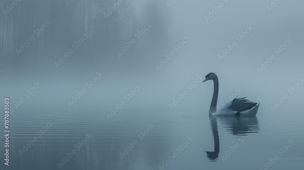 Fototapeta premium Swan atop foggy lake, trees in background