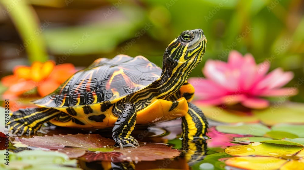 Obraz premium A turtle atop a lily pad in a pond amidst water lilies and pink-yellow blooms