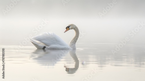  A white swan floats atop a foggy lake  turning its head sideways