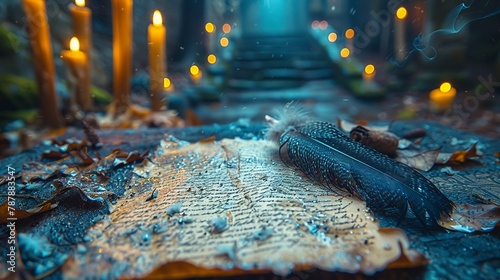 Enchanted quill, writing destiny, night, scribe of fates, intimate focus, candle glow, fate s inscription  photo