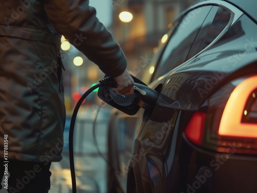 Electric Car Charging Handle Close-up at Dusk