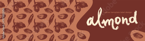 Almond banner with almonds seamless pattern. Hand-drawn illustrations of nuts for web banner, oil packaging or marzipan paste label design. Vector floral sketches background, almond ornament.