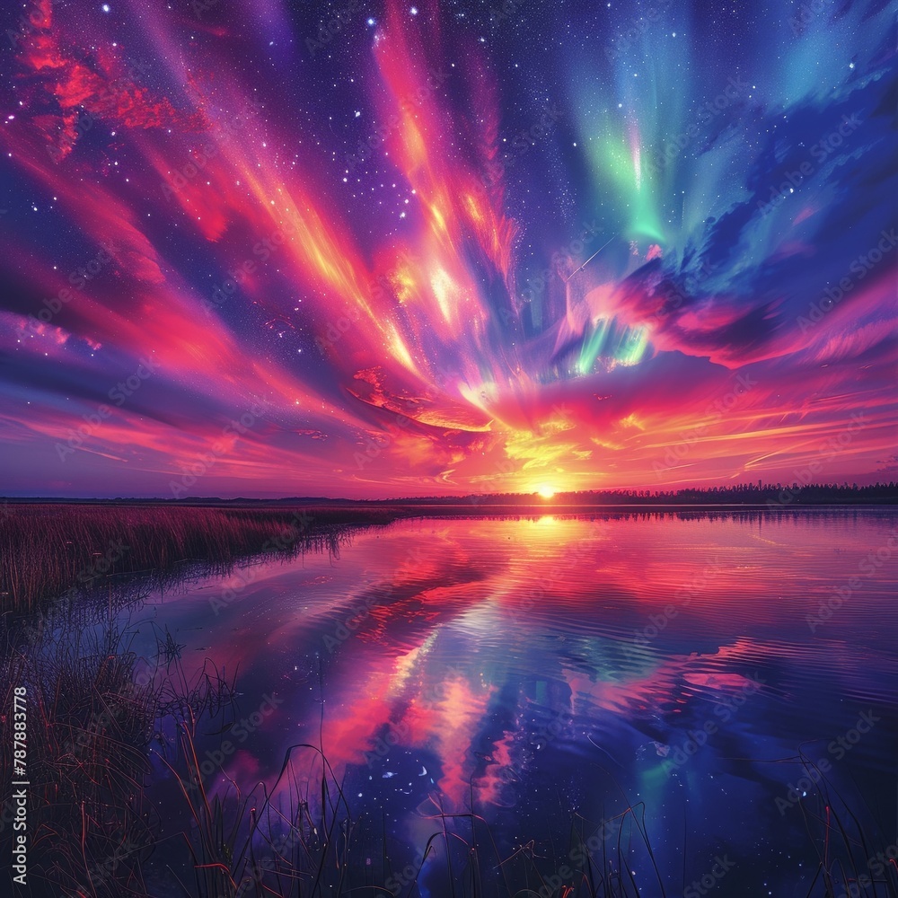 Mystic aurora, night s canvas, twilight, celestial lights  display, wide spectacle, evening awe, sky s enchantment 