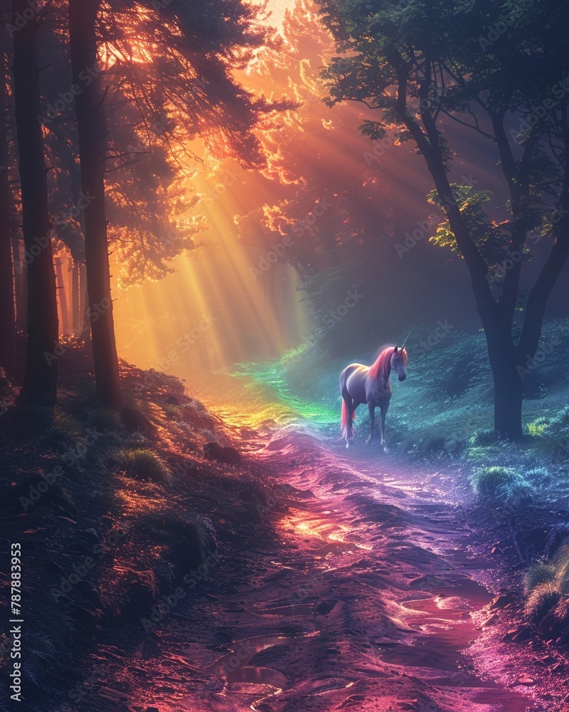 Unicorn glen, rainbow mist, morning, unicorn sanctuary painting, magical mist, tranquil haven 