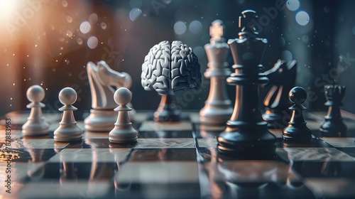 Conceptual illustration of chess game, AI vs human brain. Strategy concept photo