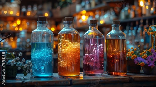 Alchemists lab, bubbling potions, dusk, alchemical experiments, twilight discovery, magical concoctions
