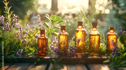 An assortment of essential oil bottles with fresh plants from which they re derived  like lavender  peppermint  and rosemary  arranged on a wooden surface