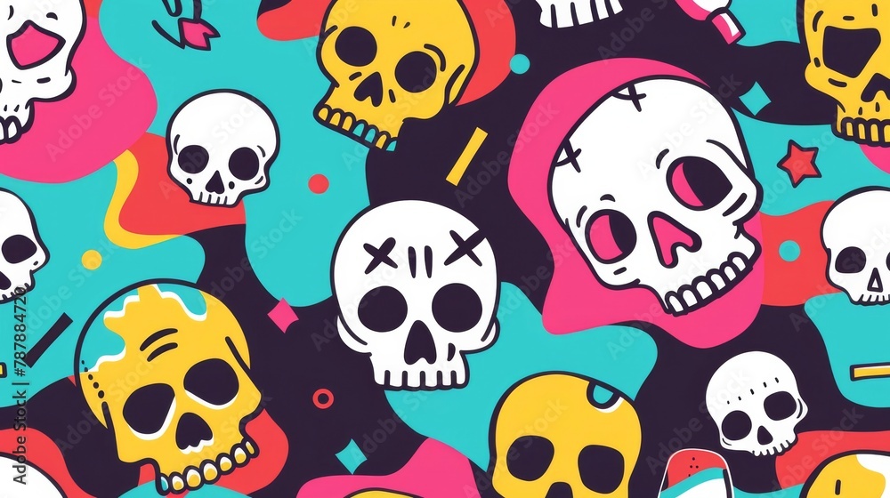 Skull Pattern, Colorful Illustration, Funky Pop Art, Vibrant Cartoon, Playful Graphic