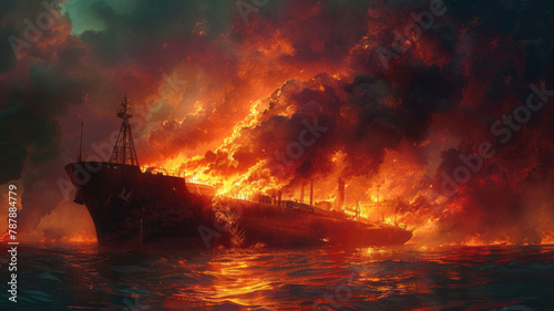 Marine accident - Illustration Oil Tanker, Ship - Water Vessel, Fire, Smoke, Vector Graphic,generative ai