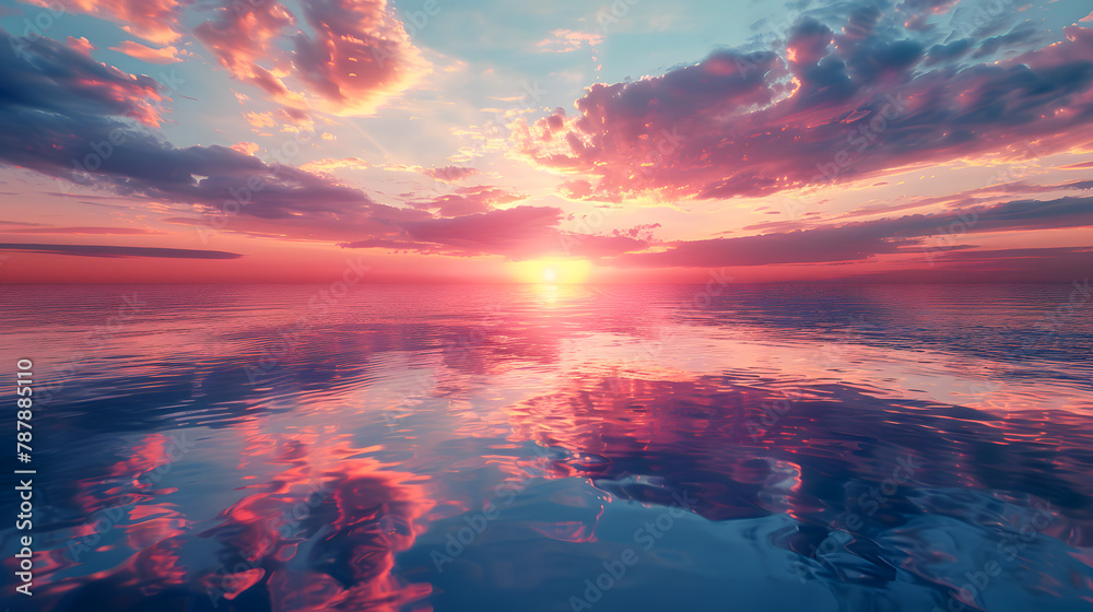 image of a vibrant sunset over a serene lake, with colorful reflections shimmering on the water