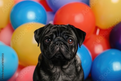 A black Pug dog is sitting in front of a bunch of colorful balloons © Vasilisa