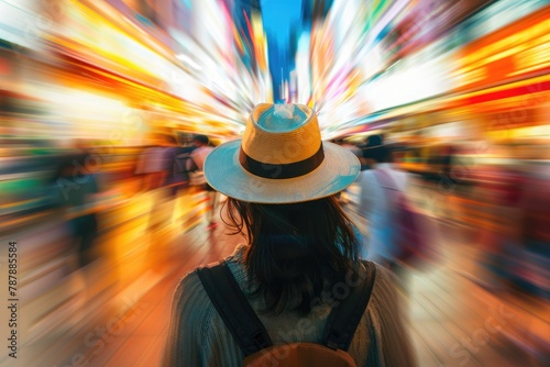 A woman wearing a straw hat is walking down a street with a backpack
