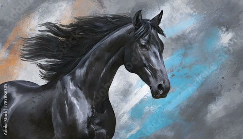 Wallpaper texted painting of a black horse in motion, on abstract background. © Hyder