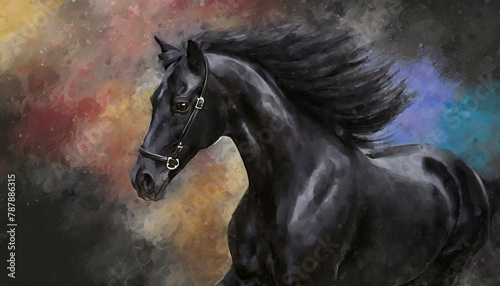 Wallpaper texted painting of a black horse in motion, on abstract background. photo