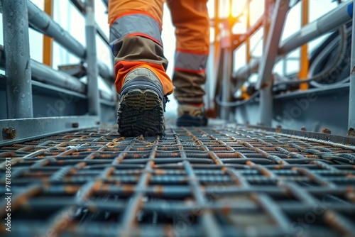 Close-Up of a Construction Worker’s Determined Stride on a Metal Platform at Sunrise, Symbolizing the Spirit of Industry