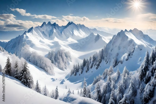 A panoramic canvas of snow-dusted summits, a tranquil alpine dreamscape.
