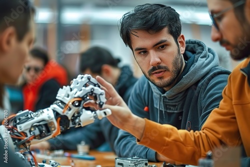 Teacher Attentively Explains Robotic Hand Prototype to Engrossed Students During a University Lesson, Emphasizing Practical © photobuay