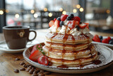 Pancake with berry strawberry syrup with coffee in restaurant.