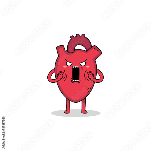 Cute human organ heart cartoon character with shocked expression doodle
