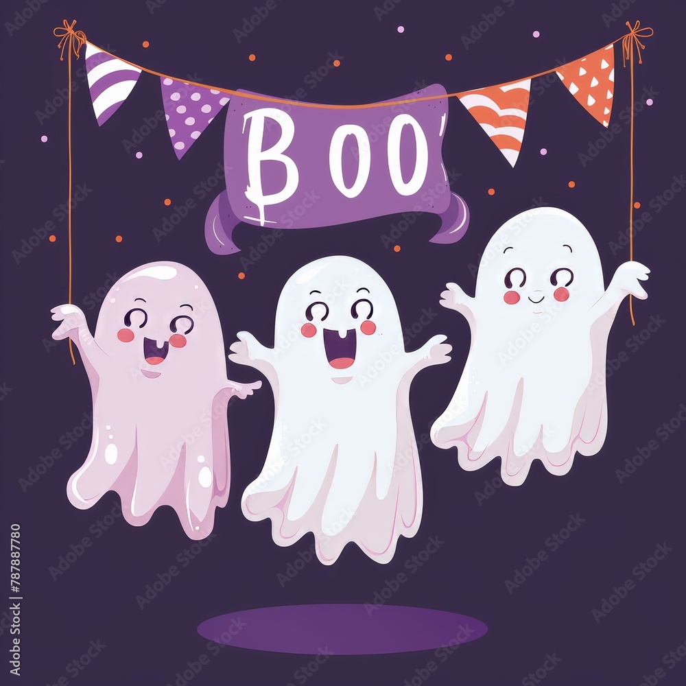 Happy Halloween. Scary white ghosts. Cute cartoon spooky character. Smiling face, hands. Purple background Greeting card. Flat design. Happy Halloween. Scary white ghosts. Cute cartoon spooky character. Smiling face, hands. Purple background Greeting card. Flat design.