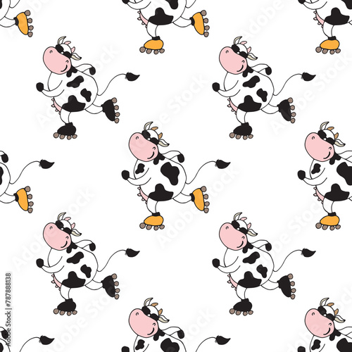 Seamless pattern of cow on roller skates. Cartoon active cows, texture with animal mascot isolated on white background. Hand drawn animals, funny wallpaper. © naum